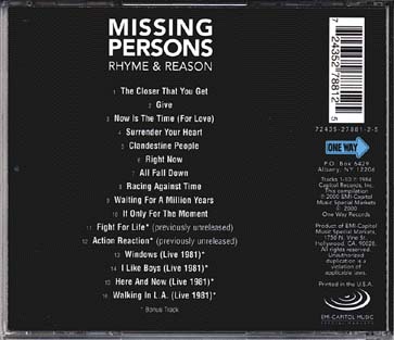 MISSING PERSONS 'RHYME & REASON' Jacket Back