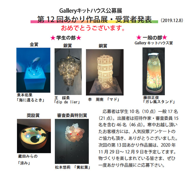 「Galleryキットハウス公募展　第12回あかり作品展・受賞者発表」2019年12月8日